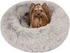 Donut Dog Bed Faux Fur Fluffy Calming Sofa for Small Dogs, Soft & Plush anti Anxiety Pet Couch for Dogs, Machine Washable Coco Pet Bed with Non-Slip Bottom, 23"X23"X6" Grey