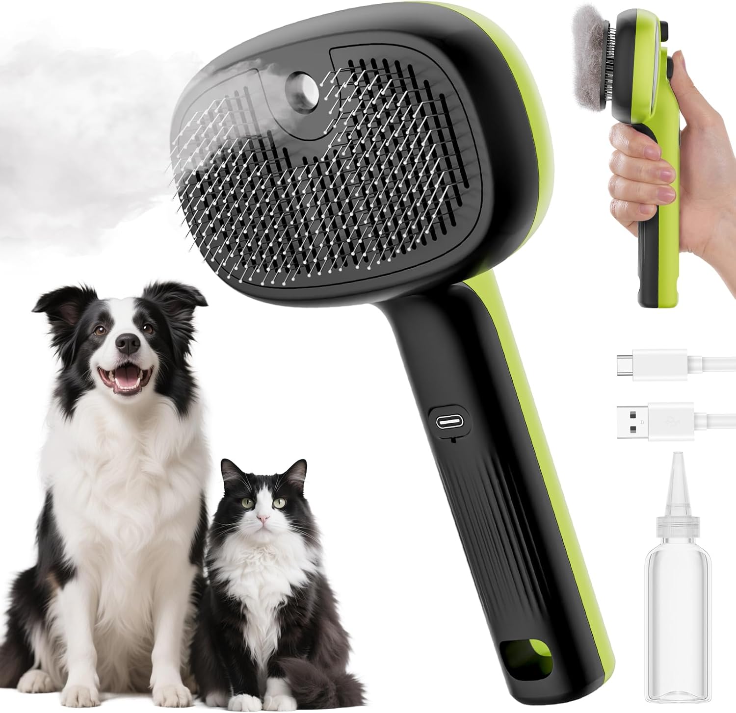 Cat Steam Brush, Self-Cleaning Steam Cat Brush with 2 Water Spray Modes, Large Capacity Tank, Steaming Renu Dog Brush for Shedding Massaging Grooming, Cool Mist Only