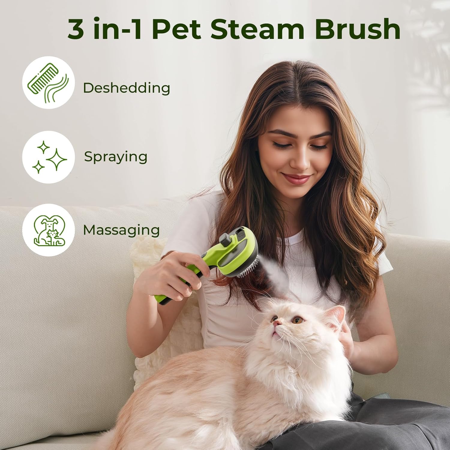 Cat Steam Brush, Self-Cleaning Steam Cat Brush with 2 Water Spray Modes, Large Capacity Tank, Steaming Renu Dog Brush for Shedding Massaging Grooming, Cool Mist Only
